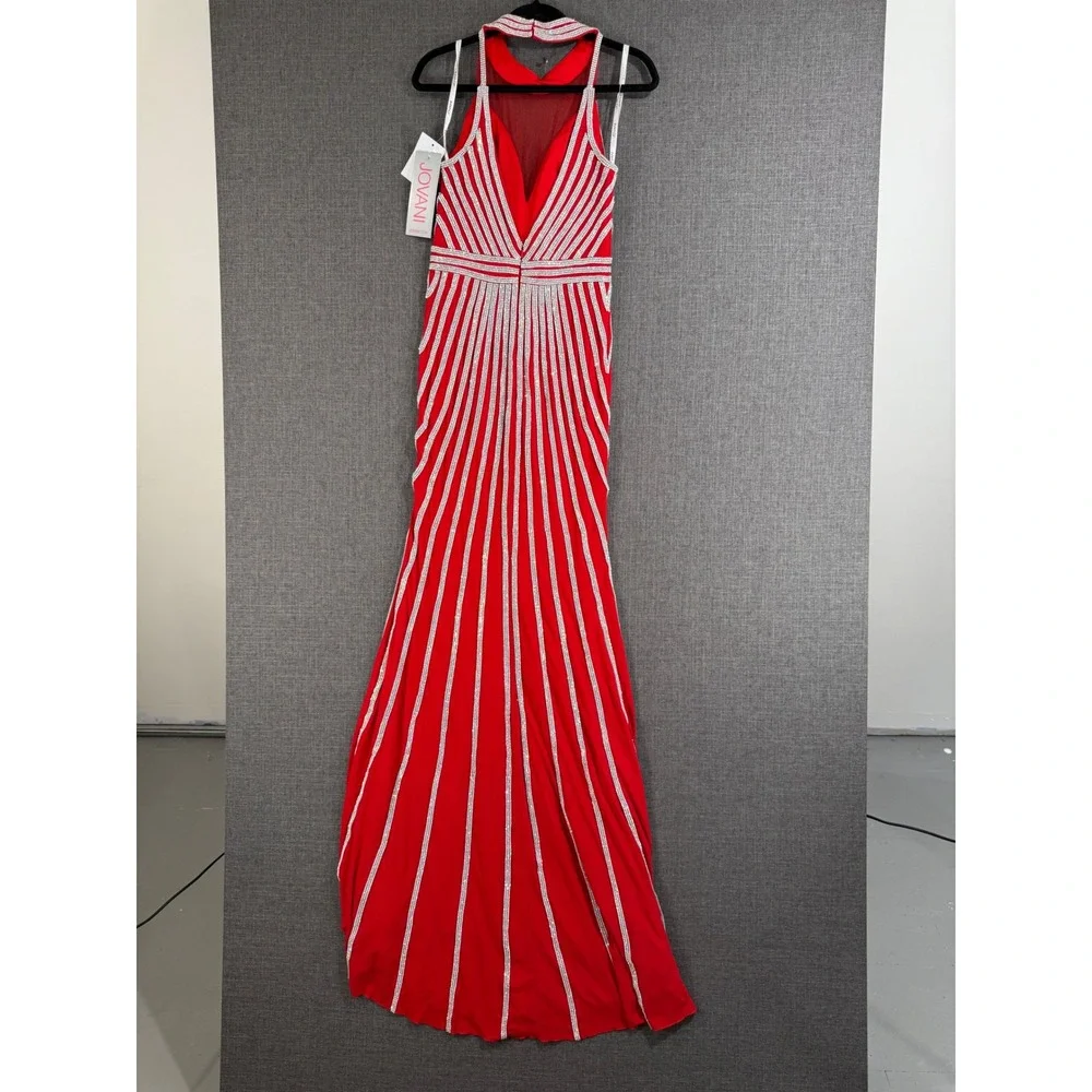 JOVANI Red Sequin Beaded Halter Neck Prom Formal Gown Dress - Picture 9 of 14